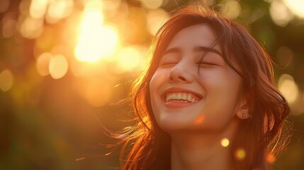 Wall Mural - Young, woman and portrait of a female laughing in a park for peace, contentment and vitality. Happy, smiling and confident asian girl radiating positivity outdoors for peace