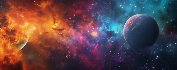 Wall Mural - Colorful cosmic nebula with planets in outer space, deep space exploration concept