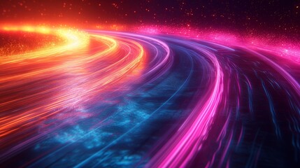 Poster - Abstract neon light trails on road, futuristic cityscape. Technology and speed concept