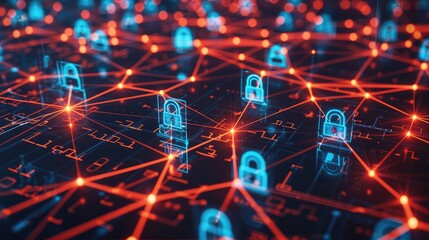 Poster - Abstract tech lines and shapes with padlock icons, illustrating modern network security solutions.