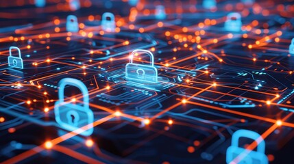 Poster - Abstract tech lines and shapes with padlock icons, illustrating modern network security solutions.