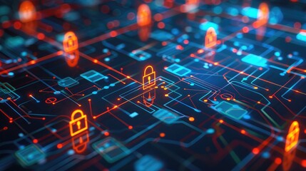 Poster - Abstract tech lines and shapes with padlock icons, illustrating modern network security solutions.