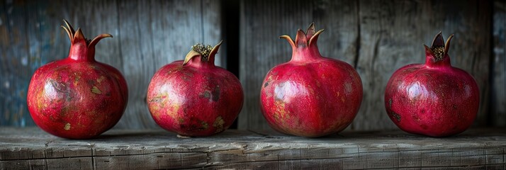 Poster - Four ripe pomegranates sit on a rustic wooden surface, their red skins contrasting with the weathered wood.