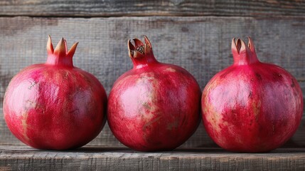 Leinwandbilder - Three whole, ripe pomegranates sit in a row on a rustic wooden surface. The pomegranates are red with visible seeds inside.