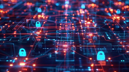 Poster - Abstract grid with network security symbols, highlighting data protection in a digital world.