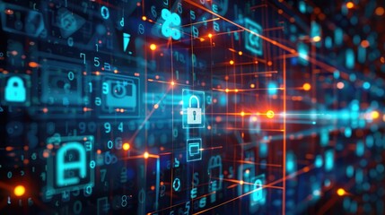 Poster - Abstract grid with network security symbols, highlighting data protection in a digital world.