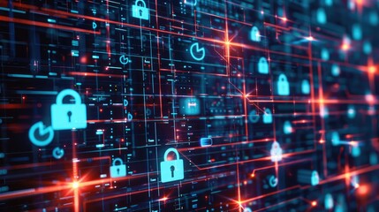 Poster - Abstract grid with network security symbols, highlighting data protection in a digital world.