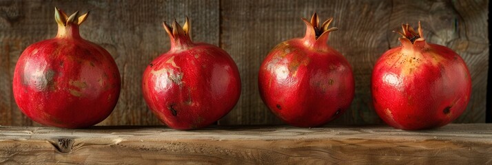 Leinwandbilder - Four ripe pomegranates with visible seeds sit in a row on a rustic wooden surface.