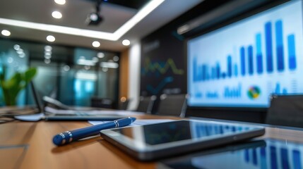 Poster - A projector displaying financial graphs during a business presentation, emphasizing visual tools in investment pitches.