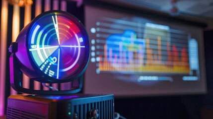 Poster - A projector displaying financial graphs during a business presentation, emphasizing visual tools in investment pitches.