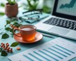 © frank29052515 - Business Analysis on Laptop Screen with Sales Report, Office Desk Scene with Tea Cup and Supplies