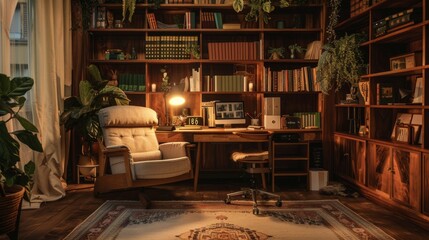 A cozy study room with rustic wooden furniture, comfy reading chair, warm lighting from a desk lamp