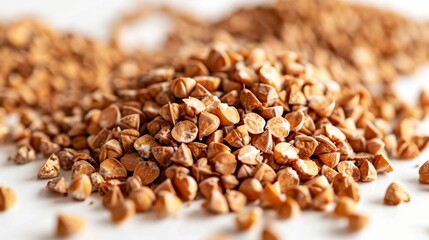 Heap of buckwheat grains on a white background. Healthy food and diet concept.