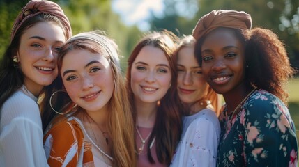 Wall Mural - A friendly group of young women from different ethnic backgrounds, all smiling and standing close