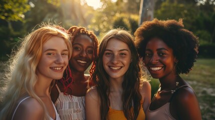 Wall Mural - A friendly group of young women from different races, all smiling and standing closely together