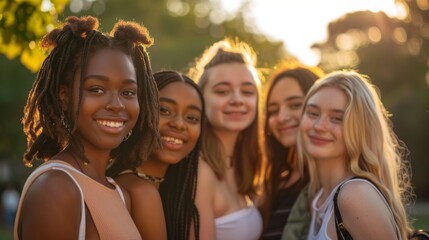 Wall Mural - A friendly group of young women from different races, all smiling and standing closely together