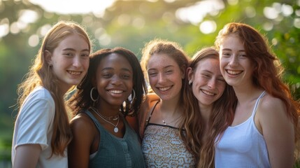 Wall Mural - A friendly group of young women from different races, all smiling and standing closely together