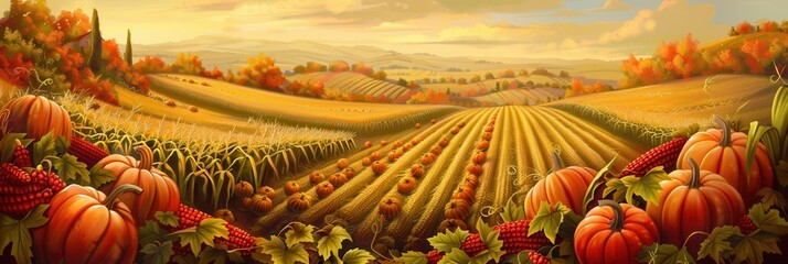 Poster - A picturesque scene of a bountiful harvest in a field with rows of corn, pumpkins, and apples, with rolling hills and autumn foliage in the distance.