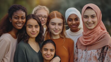 Wall Mural - A group of young women from various ethnicities, all smiling and standing closely