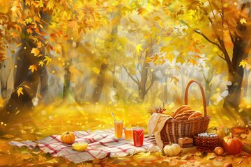 Poster - A checkered blanket laid out in a forest, surrounded by yellow leaves, with a wicker basket overflowing with food and drinks.