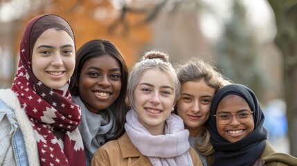 Wall Mural - A group of young women from various ethnicities, all smiling and standing closely together