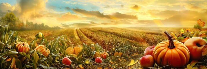 Poster - A field of corn, pumpkins, and apples glows in the golden light of a setting sun, showcasing a bountiful autumn harvest.