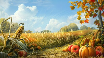 Poster - A field of corn stalks, ripe pumpkins, and apples showcase the abundance of an autumn harvest.