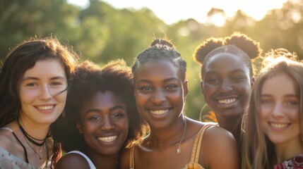 Wall Mural - A group of young women from various races, all smiling and standing closely together