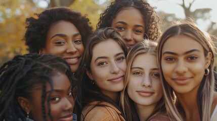 Wall Mural - A group of young women from various races, all smiling and standing closely together