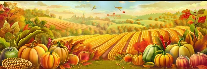Poster - A bountiful harvest of corn, pumpkins, and apples sits in a field, with rolling hills and a small town in the distance.