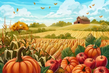 Poster - A bountiful fall harvest in the countryside with rows of corn, pumpkins, and apples in the foreground, and a red barn on a distant hillside.