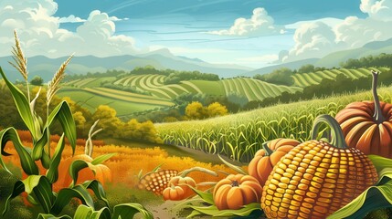 Poster - A bountiful autumn harvest in a rural setting with fields of corn, pumpkins, and apples. The scene features rolling hills and a bright blue sky with fluffy clouds.