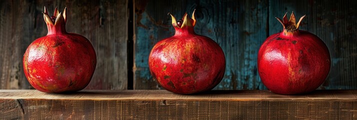 Leinwandbilder - Three red ripe pomegranates sit on a rustic wooden shelf, showcasing their juicy seeds and fresh appearance.