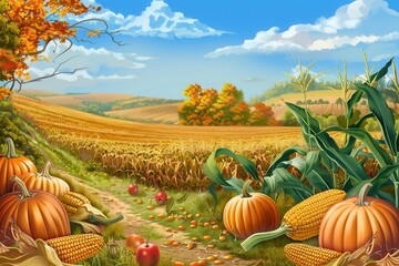 Poster - A path winds through a field of ripe corn, pumpkins, and apples, showcasing the abundance of an autumn harvest.