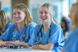 © Withun - A smiling healthcare professional in blue scrubs, Student nurses in a community health class, education, airy and light