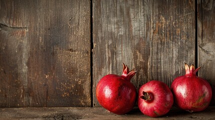 Aufkleber - Three ripe pomegranates, with visible seeds, are arranged on a rustic wooden surface.