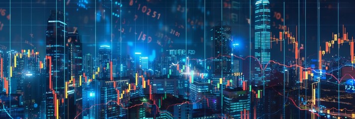 Poster - Cityscape merged with financial and technological data visuals highlighting market trends and analytics.