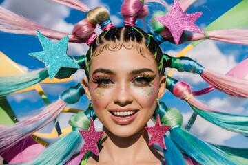 Vibrant Fantasy Festival Look: Young Woman with Colorful Hair and Glittering Star Accessories