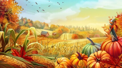 Poster - A rural landscape with a bountiful autumn harvest, featuring corn, pumpkins, and apples, with a red barn in the distance.