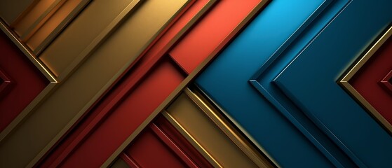 Background with overlapping red, gold, and blue shapes forming arrows, perfect for technology or luxury themes