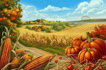 Poster - A vibrant autumn landscape with a field of corn and pumpkins. The scene is bathed in warm sunlight and features a scenic hillside in the distance.
