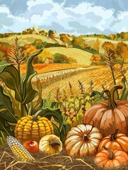 Poster - A bountiful fall harvest of corn, pumpkins, and apples in a rural farmland setting, with rolling hills and a small town in the distance.
