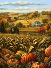 Poster - A picturesque autumn scene featuring a bountiful harvest of corn, pumpkins, and apples in a rural countryside setting.