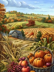 Poster - A basket overflowing with ripe pumpkins, apples, and grapes sits in the foreground of a picturesque autumn harvest scene, with a small farmhouse and a cornfield in the background.
