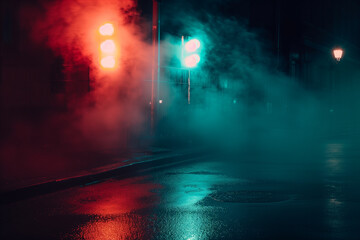 Sticker - Wet asphalt, reflection of neon lights, a searchlight, smoke. Abstract light in a dark empty street with smoke, smog. Dark background scene of empty street, night view, night city.