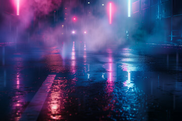 Wall Mural - Wet asphalt, reflection of neon lights, a searchlight, smoke. Abstract light in a dark empty street with smoke, smog. Dark background scene of empty street, night view, night city.