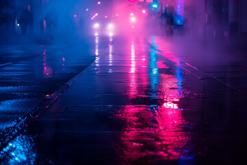 Aufkleber - Wet asphalt, reflection of neon lights, a searchlight, smoke. Abstract light in a dark empty street with smoke, smog. Dark background scene of empty street, night view, night city.