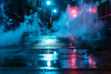 Aufkleber - Wet asphalt, reflection of neon lights, a searchlight, smoke. Abstract light in a dark empty street with smoke, smog. Dark background scene of empty street, night view, night city.