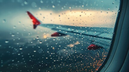 Wall Mural - A blurred sight of an airplane wing through a passenger window with raindrops Room for text