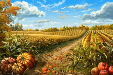 Poster - A picturesque rural scene of an autumn harvest with corn stalks, pumpkins, and apples along a dirt path winding through the fields.